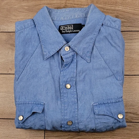 POLO RALPH LAUREN Light Blue Weave Cotton Medium Snap Western Long Sleeve Shirt - Picture 1 of 7